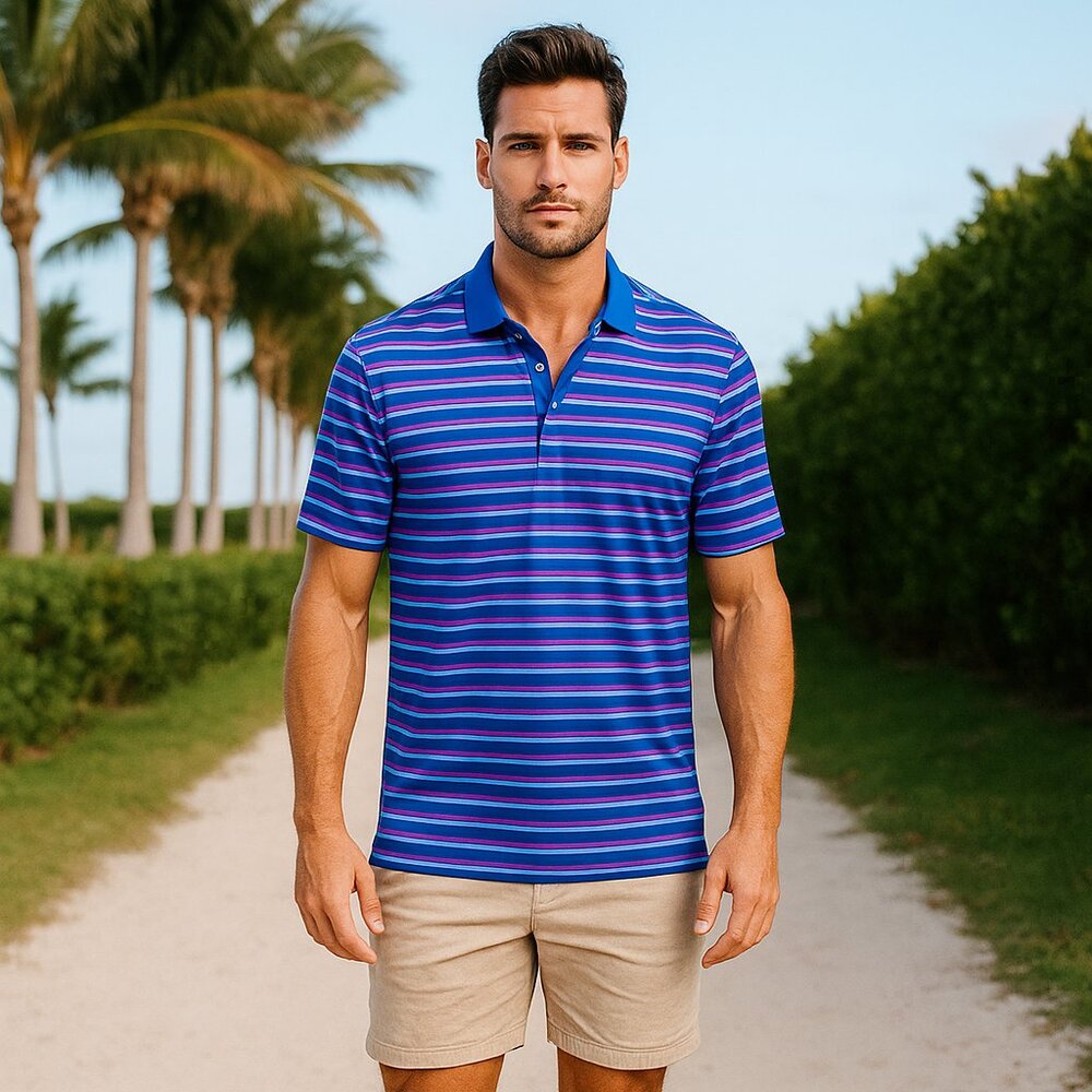 Cutter & Buck Men L Polo Shirt Multicolor Striped Short Sleeve Golf Dry Tech Y2K